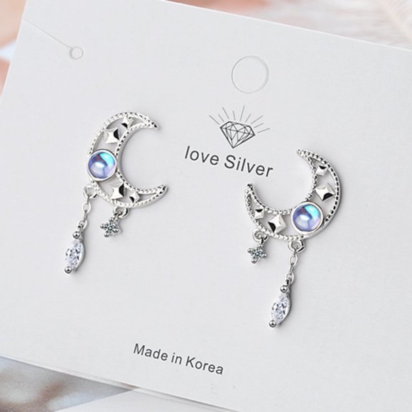 NEW 925 Sterling Silver Diamond Moon Earrings - Picture 3 of 8